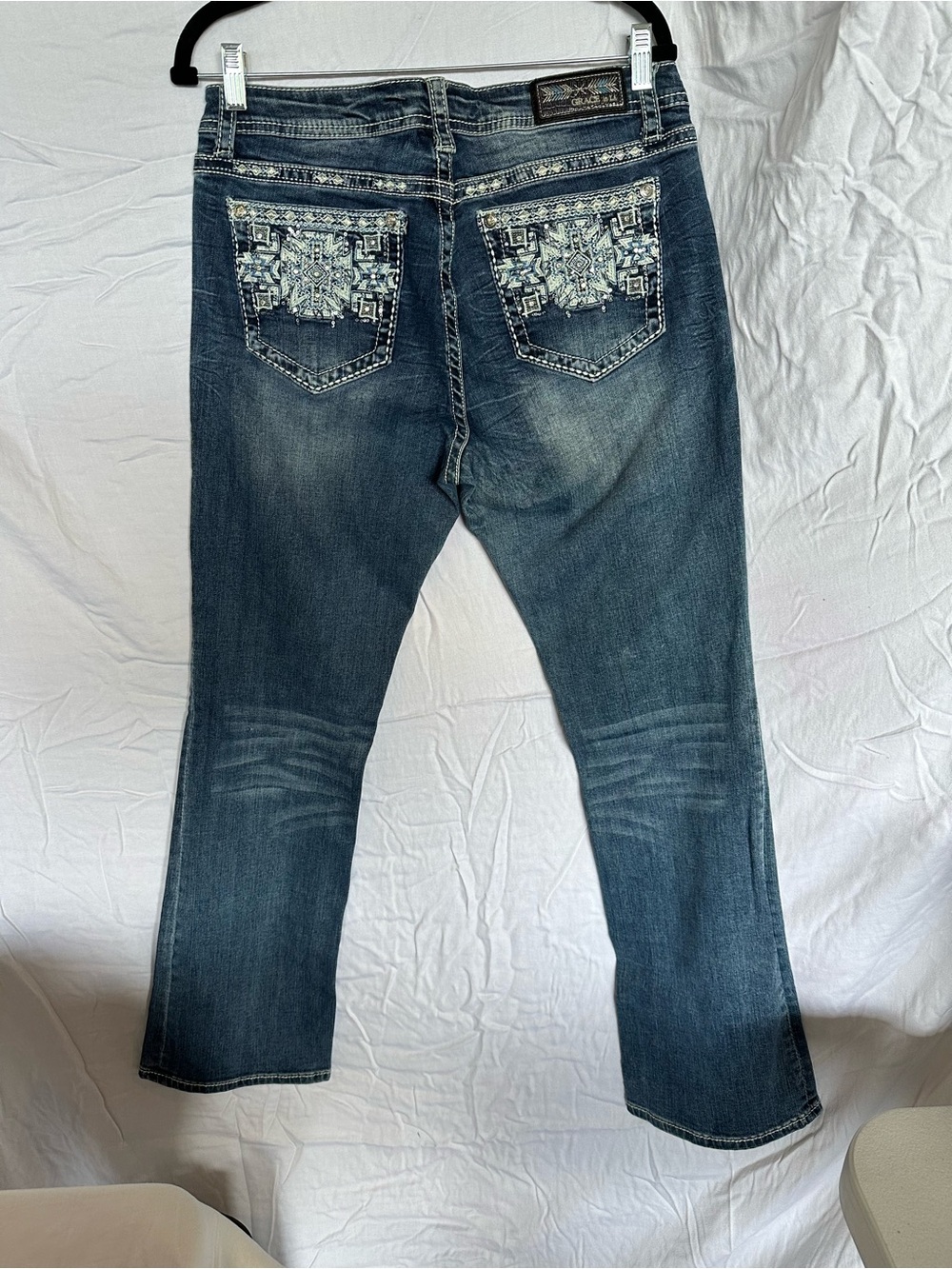 Grace in LA Dark Blue Boot Cut Jeans with Embroidered Pockets